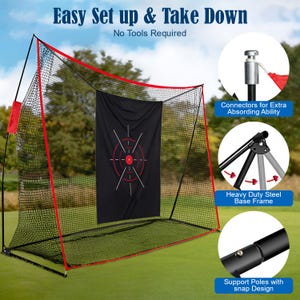 May include: A golf practice net with a black net and a red frame. The net has a black target with red and white markings. The text "Easy Set up & Take Down" and "No Tools Required" is visible. The frame is made of heavy-duty steel.