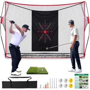 May include: A golf practice net with a black target and red accents. The net is set up with a golf mat, golf balls, and tees. Two people are shown practicing their golf swing. A black carrying bag is also included.