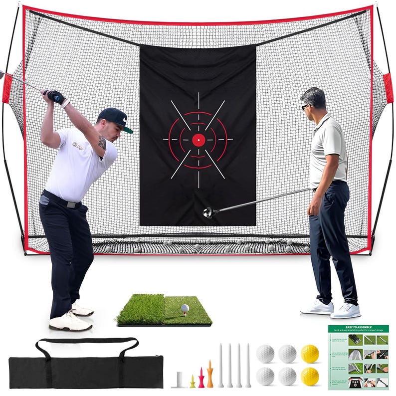 May include: A golf practice net with a black target and red accents. The net is set up with a golf mat, golf balls, and tees. Two people are shown practicing their golf swing. A black carrying bag is also included.
