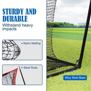 May include: A black nylon netting sports training net with steel rods and an alloy steel base. The image includes the text "STURDY AND DURABLE" and "Withstand heavy impacts". A white ball is partially visible in the net.