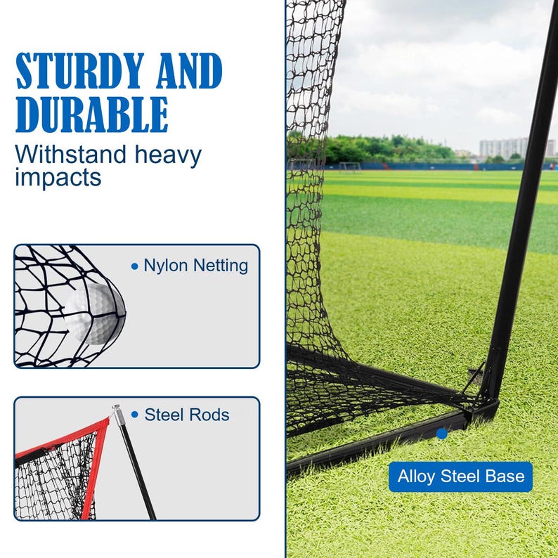 May include: A black nylon netting sports training net with steel rods and an alloy steel base. The image includes the text "STURDY AND DURABLE" and "Withstand heavy impacts". A white ball is partially visible in the net.