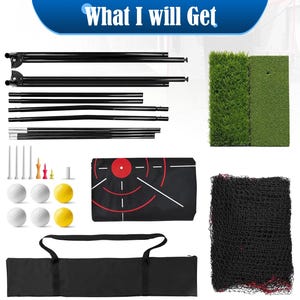 May include: An assortment of golf training equipment, including a black frame, golf balls, tees, a target mat, a net, and a carrying bag. The image also shows two sections of artificial turf. The text "What I will Get" is at the top.