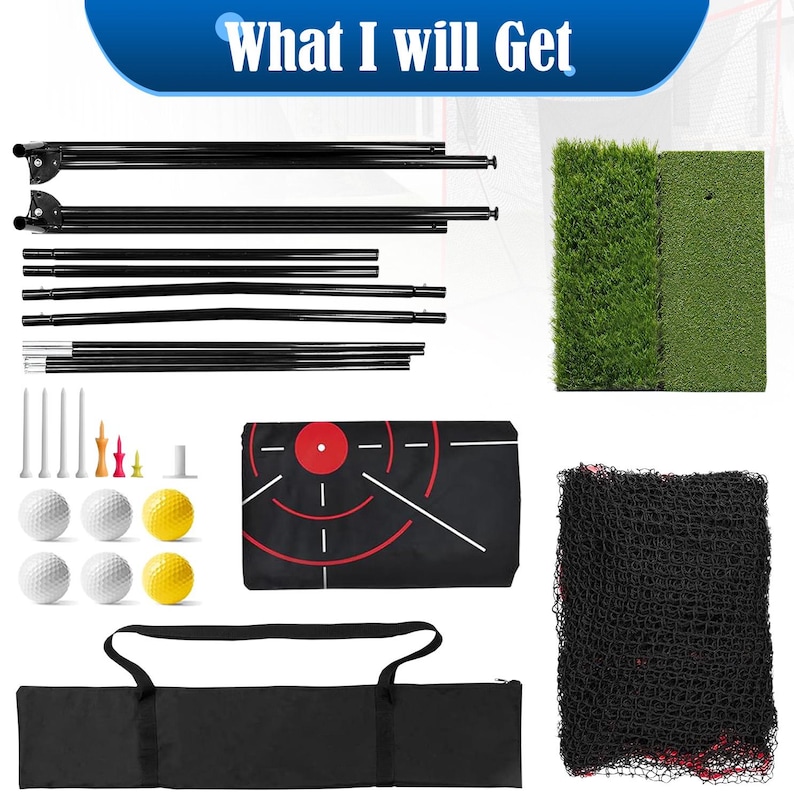 May include: An assortment of golf training equipment, including a black frame, golf balls, tees, a target mat, a net, and a carrying bag. The image also shows two sections of artificial turf. The text "What I will Get" is at the top.