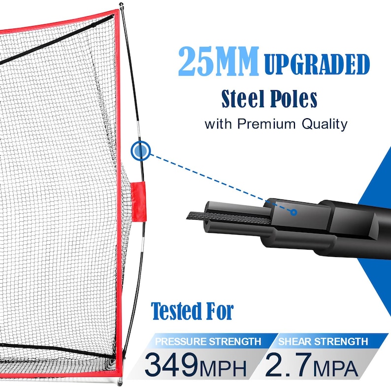 May include: A black and red baseball training net with the text "25MM UPGRADED Steel Poles with Premium Quality". The net is tested for pressure strength at 349 MPH and shear strength at 2.7 MPA.