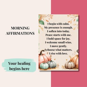 Página de afirmaciones positivas para relajarse, set de mindfulness matutino, tarjeta de mantra calmante, regalo de calabaza y hojas de otoño.