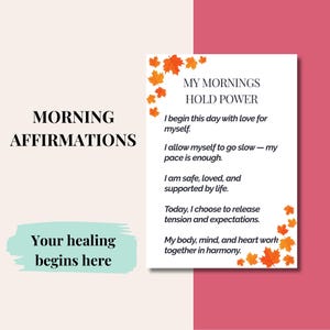Página de afirmaciones positivas para relajarse (descarga digital), set de mindfulness matutino, tarjeta de mantra calmante, regalo de hojas de naranja otoñal.