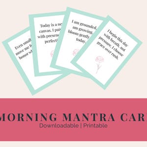 Cartes d'affirmation positive en téléchargement numérique pour la détente, ensemble de pleine conscience du matin, cartes de mantra apaisant, cadeau floral vert rose