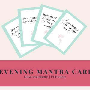 Download digitale di carte con affermazioni positive per il rilassamento, set di mindfulness per la buonanotte, carte con mantra calmanti, regalo floreale verde rosa