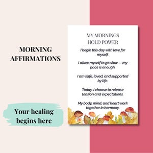Digitaler Download Positive Affirmationen Seite zum Entspannen, Morgen Achtsamkeit Set, beruhigende Mantra Karte, Pilz Herbstlaub Geschenk