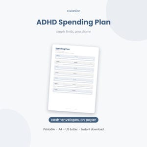 Könnte beinhalten: Ein druckbares ADHD-Ausgabenplan-Dokument mit dem Text ClearList, ADHD Spending Plan, simple limits, zero shame und cash-envelopes, on paper. Das Formular enthält mehrere Zeilen mit Feldern für Kategorie und Betrag zur Ausgabenverfolgung.