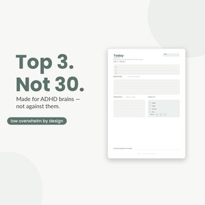 以下が含まれることがあります： Top 3. Not 30. Made for ADHD brains &mdash; not against them. low overwhelm by design. というテキストが記載されたデイリープランナーページ。レイアウトには、Today、Top 3、Brain Dump、Time Blocks、Check-in、One kind thing for me todayのセクションが含まれています。