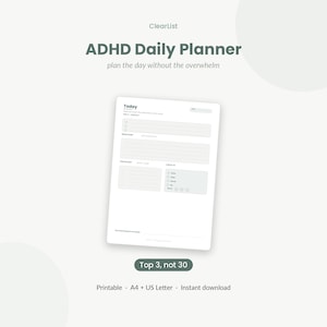 Könnte beinhalten: Ein weißes Tagesplaner-Blatt mit dem Titel ADHD Daily Planner und dem Text plan the day without the overwhelm. Das Layout enthält Abschnitte für Today, Top 3, Brain Dump, Time Blocks und einen Check-in-Bereich mit Kästchen und Symbolen.