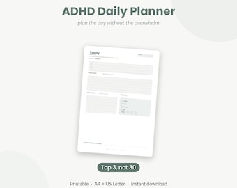 ADHD向けデイリープランナー（印刷可能）｜大人のための負担軽減型デイリーページ｜ブレインダンプ、上位3つの優先事項、タイムブロッキング｜PDF即時ダウンロード