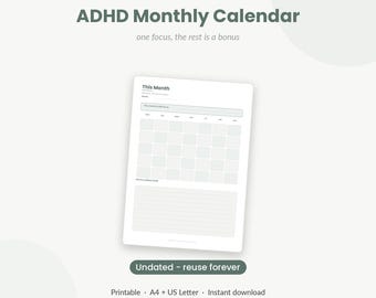 ADHD向け月間カレンダー（印刷可能）｜日付なし、負担軽減型月間プランナー（大人向け）｜神経発達障害の方にも配慮｜PDF版を即時ダウンロード