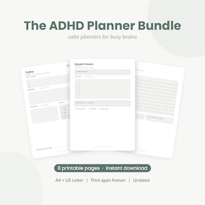 ADHD Planner Bundle Printable | Daily Weekly Habit Brain Dump Task Breakdown | Neurodivergent Adults | 8 Pages | Instant Download PDF