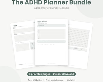ADHD Planner Bundle Printable | Daily Weekly Habit Brain Dump Task Breakdown | Neurodivergent Adults | 8 Pages | Instant Download PDF
