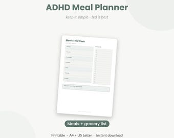 ADHD向け食事プランナー（印刷可能）｜神経発達障害のある成人のための週間食事プラン＆買い物リスト｜低スプーンの簡単レシピ｜PDF即時ダウンロード