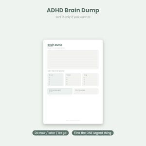 以下が含まれることがあります： Brain Dumpというタイトルの白い紙のプランナーページで、メモ用の大きな罫線セクションがあります。その下にはDo now、Do later、Let goとラベル付けされた3つのボックスがあり、それぞれに4つの円形のチェックボックスがあります。さらにWhat's actually urgentとPark it for somedayとラベル付けされた2つのボックスがあります。
