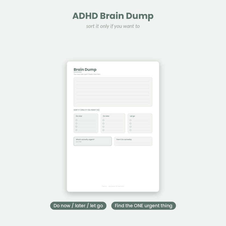 以下が含まれることがあります： Brain Dumpというタイトルの白い紙のプランナーページで、メモ用の大きな罫線セクションがあります。その下にはDo now、Do later、Let goとラベル付けされた3つのボックスがあり、それぞれに4つの円形のチェックボックスがあります。さらにWhat's actually urgentとPark it for somedayとラベル付けされた2つのボックスがあります。