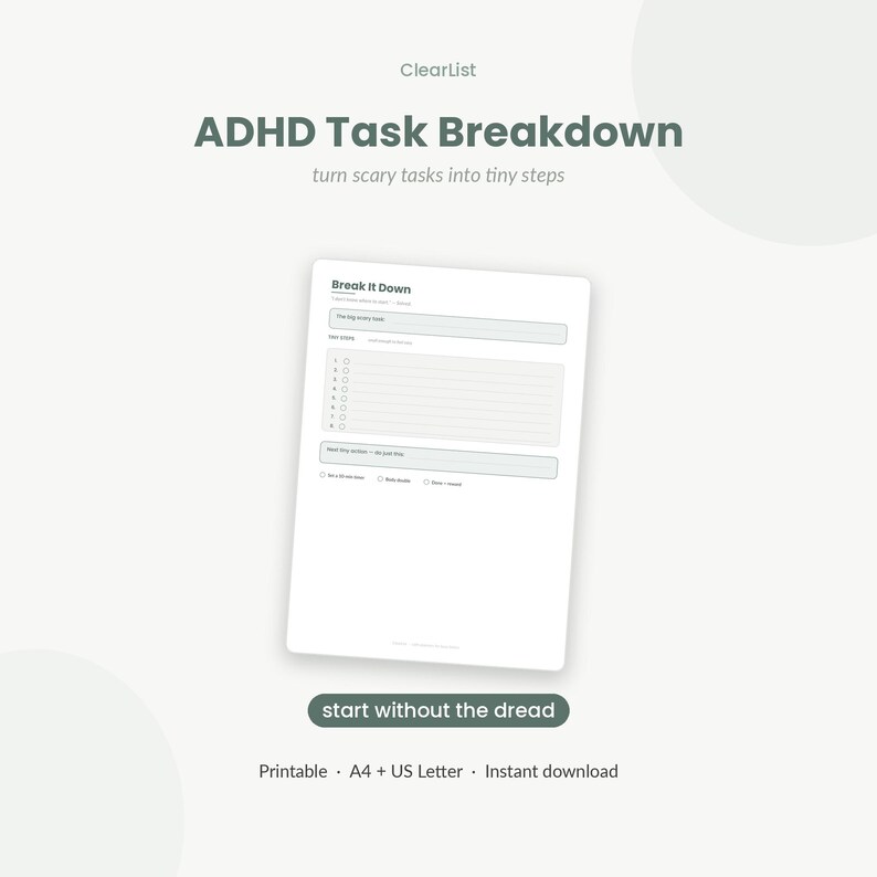 ADHD Task Breakdown Printable | Break Big Tasks into Tiny Steps | Overwhelm & Procrastination Help | Neurodivergent | Instant Download image 1