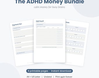 ADHD Budget Planner Bundle | 6 Page Money System | Paycheck, Bills, Debt, Savings, No-Spend | Neurodivergent Finance Printable
