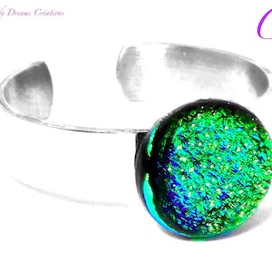 Adjustable, bright ring with multicolored dichroic glass cabochon, handmade fusing. 10 different and unique models