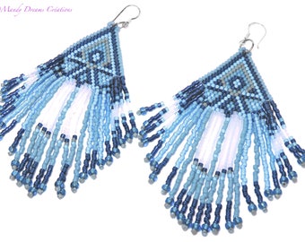 Earrings blue, blue jean , woven amerindian style in delica miyuki