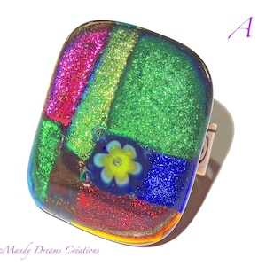 Adjustable ring, bright cabochon dichroic glass multicolored, fusing handmade. 10 different and unique models