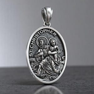 Saint Christopher Christian Pendant for Men, Handmade Travel Protector Medal of St. Christopher, 18K Gold Plated Catholic Faith Jewelry Gift