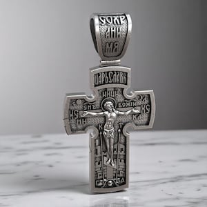 Orthodox Cross Pendant for Men in Sterling Silver | Handmade Russian Crucifix with Archangel Michael | Religious Gift with Slavic Script