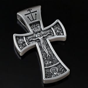 Orthodox Crucifix Cross Pendant – Sterling Silver Slavic Icon Necklace with Jesus, Guardian Angel, Saints and Engraved Eastern Christian