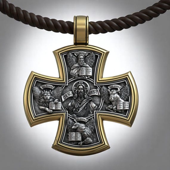 Four Evangelists Cross Pendant for Men, Handmade 18K Gold Plated