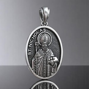 St. Nicholas Christian Pendant for Men, Handmade Oval Medallion of Saint Nicholas of Myra, 18K Gold Plated Orthodox Catholic Faith Jewelry