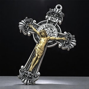 Saint Benedict Crucifix Pendant 18K Gold Plated | Catholic Orthodox Christian Cross Necklace | Protection Medal Jewelry Gift For Him Her