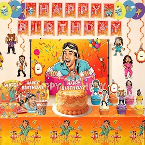 May include: A birthday party decoration set featuring a large backdrop, a cake topper, plates, cups, and cupcake toppers. The items display cartoon illustrations of people, a bear, and the text HAPPY BIRTHDAY in orange, yellow, and red colors.