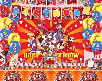 Decorazioni per feste di compleanno a tema circo digitale: striscione, sfondo, palloncini, tovaglia, stoviglie, tovaglia, decorazioni per feste di compleanno a tema cartoni animati per bambini.