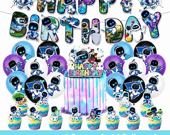 Accessoires de fête d'anniversaire pour enfants robot mignon, bannière joyeux anniversaire, ballons en latex, décorations de gâteaux et de cupcakes, anniversaire sur le thème du jeu vidéo pour enfants