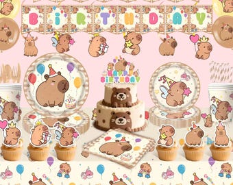 Articoli per feste di compleanno a tema capibara, decorazioni complete per feste a tema capibara, set completo di stoviglie per feste di compleanno per bambini con striscione, piatti, bicchieri e decorazioni per torte.