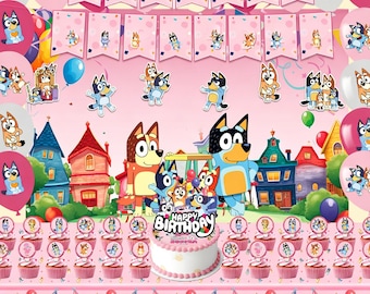 Decorazioni per la festa di compleanno di B*uey: sfondo, palloncini, stoviglie, tovaglia, striscione e decorazioni per la torta. Tutto il necessario per una festa di compleanno per bambini a tema B*uey.