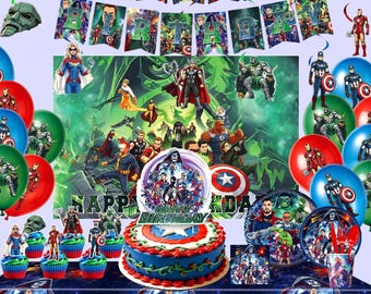 Articoli per la festa di compleanno di M*rv*l S*per*ero / Striscione, Palloncini, Decorazione per torta, Set di stoviglie, Kit di decorazioni per compleanno a tema A*eng*rs, Festa di compleanno per bambini