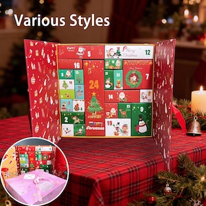 May include: A Christmas advent calendar with various numbered compartments, each with a festive illustration. The calendar is red with a plaid pattern and features the text "Various Styles" and "Merry Christmas".