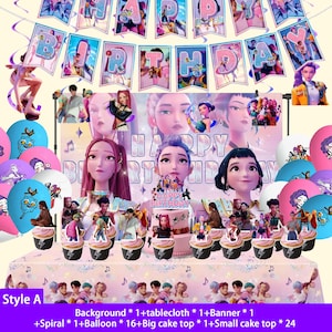 May include: A birthday party decoration set featuring a pink cake, cupcakes, balloons, and a banner reading "HAPPY BIRTHDAY". The set includes a tablecloth and character cutouts. Balloons are pink, blue, and white, perfect for a themed celebration.