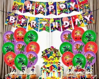 The W*gl*s Full Birthday Party Supplies Kit ,Happy Birthday Banner,The W*g*les Banner Balloon Cupcake Topper Complete Party Decor Set