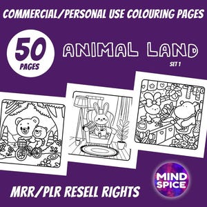 ANIMAL LAND (Set 1), 50 Colouring Sheets, 50 Coloring Pages, Commercial Use, Personal Use, PLR, Resell Rights, Build Your Business