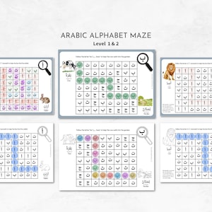 May include: A set of educational Arabic alphabet mazes for levels 1 & 2. Each maze features a different animal and Arabic word. These mazes are designed to help children learn the Arabic alphabet in an engaging and interactive manner.