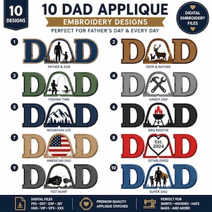 Op de afbeelding: Een digitale bestandsset met 10 Dad-applique borduurontwerpen. Ontwerpen omvatten Vader & Zoon, Hert & Natuur, Vistijd, Handige Papa, Bergleven, BBQ-meester, Amerikaanse Papa, Etablished, Vuistbump en Super Papa. Perfect voor shirts, hoodies en meer.