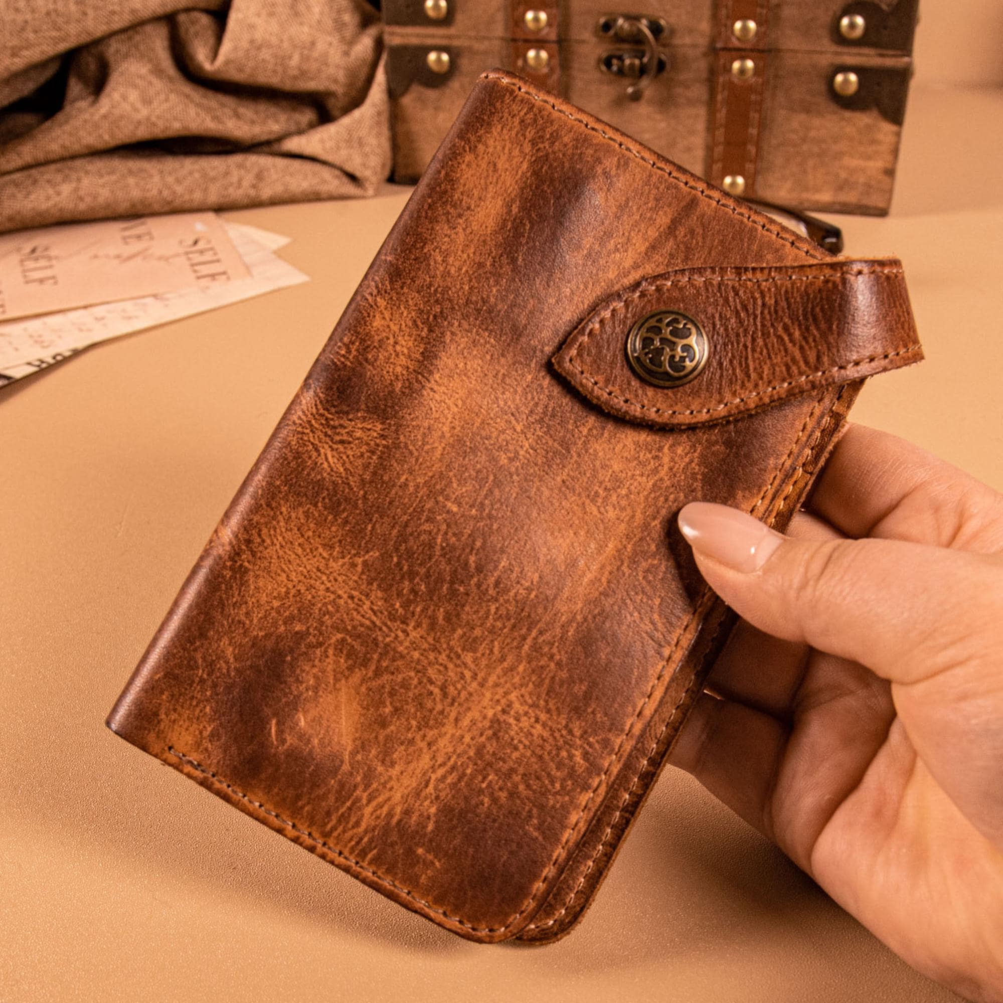 小物 Vintage Leather Wallet Distressed Genuine Leather Card Holder, Vintage Bifold Wallet With