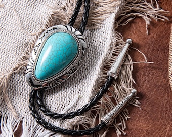 Handmade Southwestern Bolo Tie, Blue Stone Cowboy Necktie