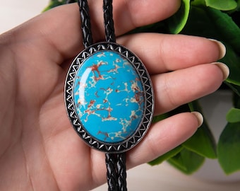 Handmade Southwestern Turquoise Bolo Tie, Leather Necktie, Western Wedding Gift