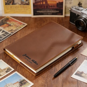 May include: A brown leather journal with the name "James Miller" and the date "05.10.2026" embossed on the cover. A black pen rests beside the open notebook. The journal is surrounded by vintage postcards and a camera.